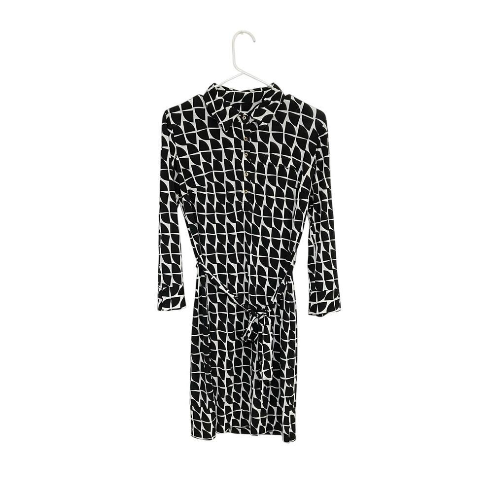 Donna Morgan Tie Waist Button Front Shirt Dress 3/4 Sleeve Sz 6 Small Geometric - Picture 2 of 7